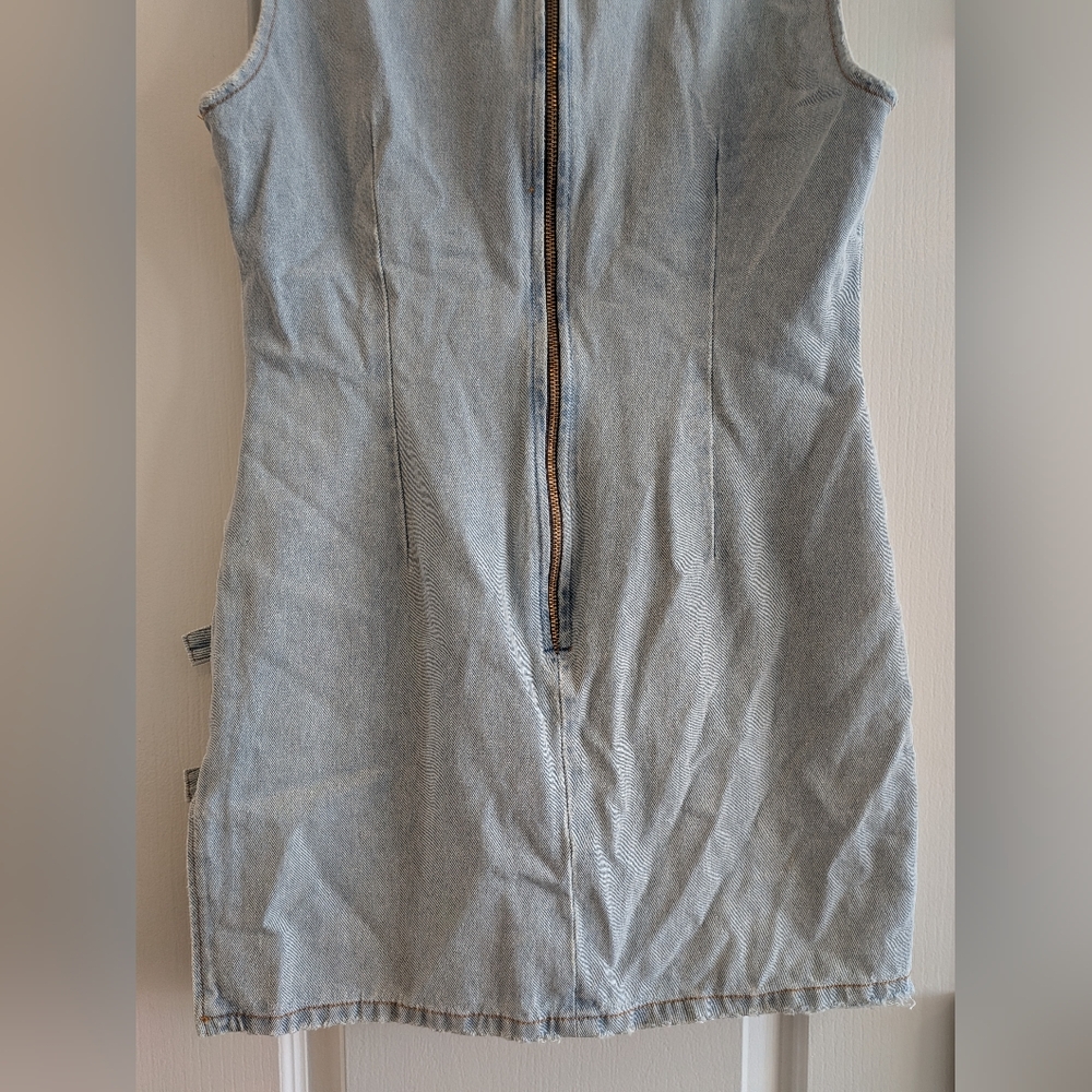 Lioness Sculpted Denim Mini Dress Light Denim Distressed Buckle Edgy Size XL - Picture 11 of 14
